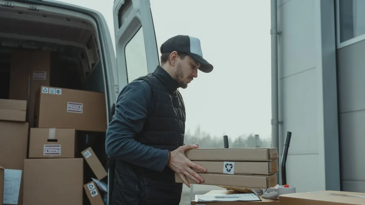 Delivery driver loading parcels at the rear doors of a delivery van