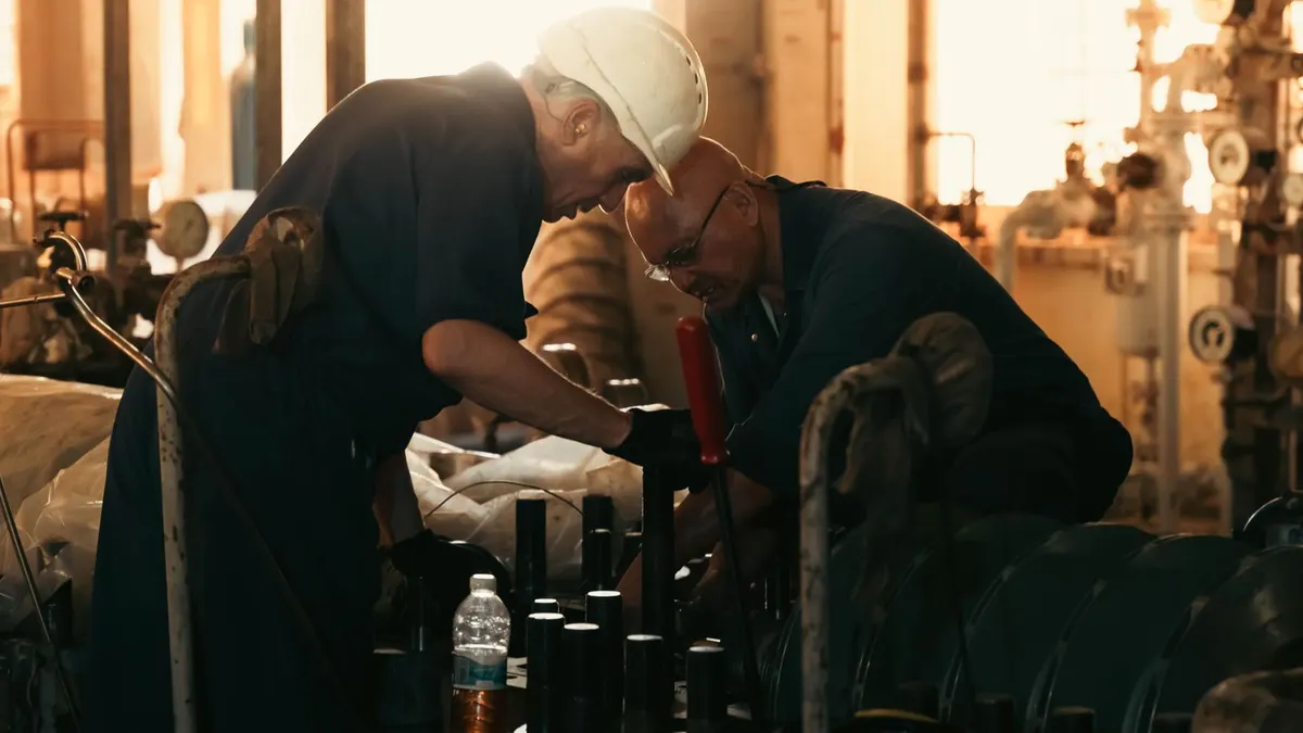 Manufacturing workers operating equipment on a production floor